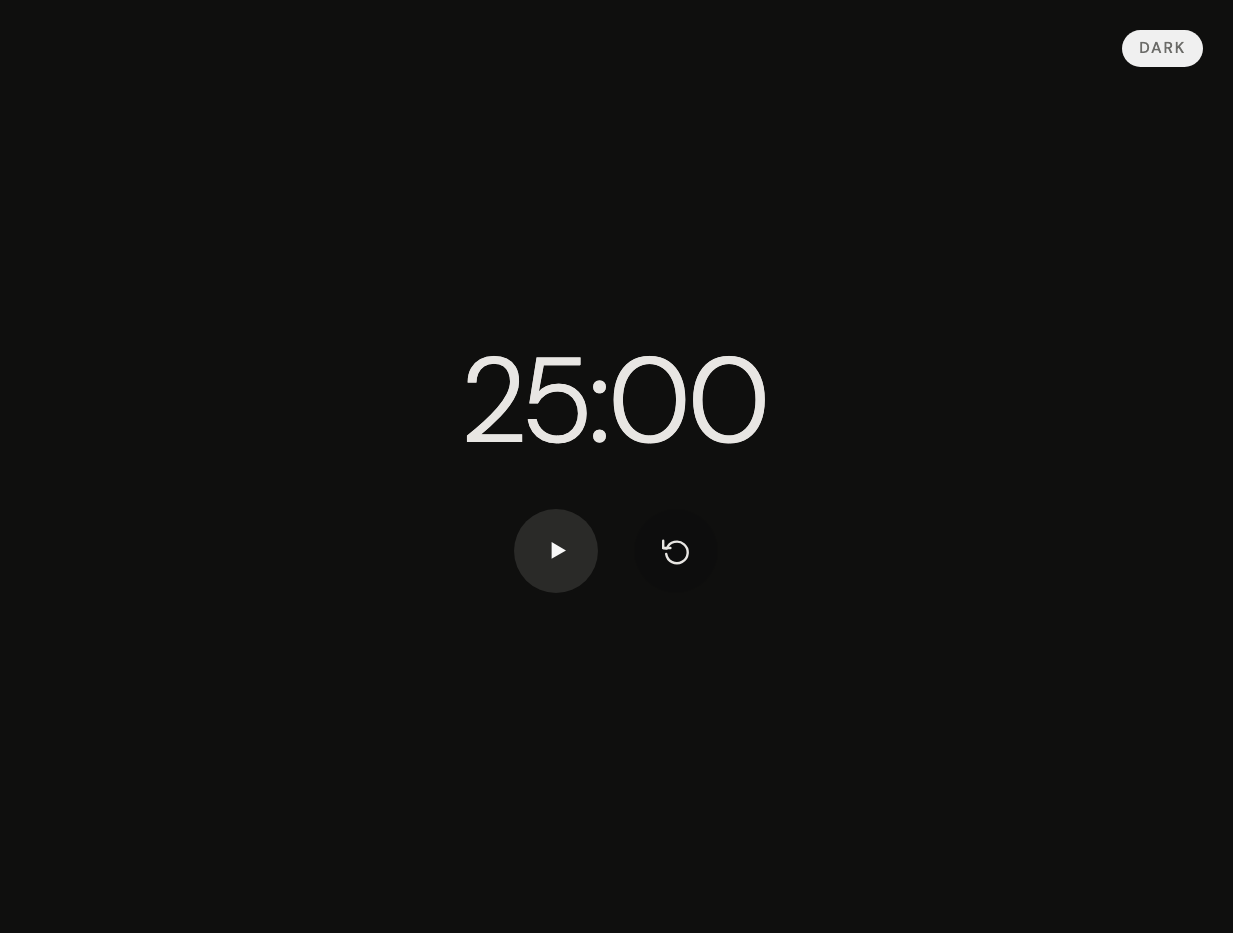 Minimalist Pomodoro timer showing 25:00 with play and restart buttons
